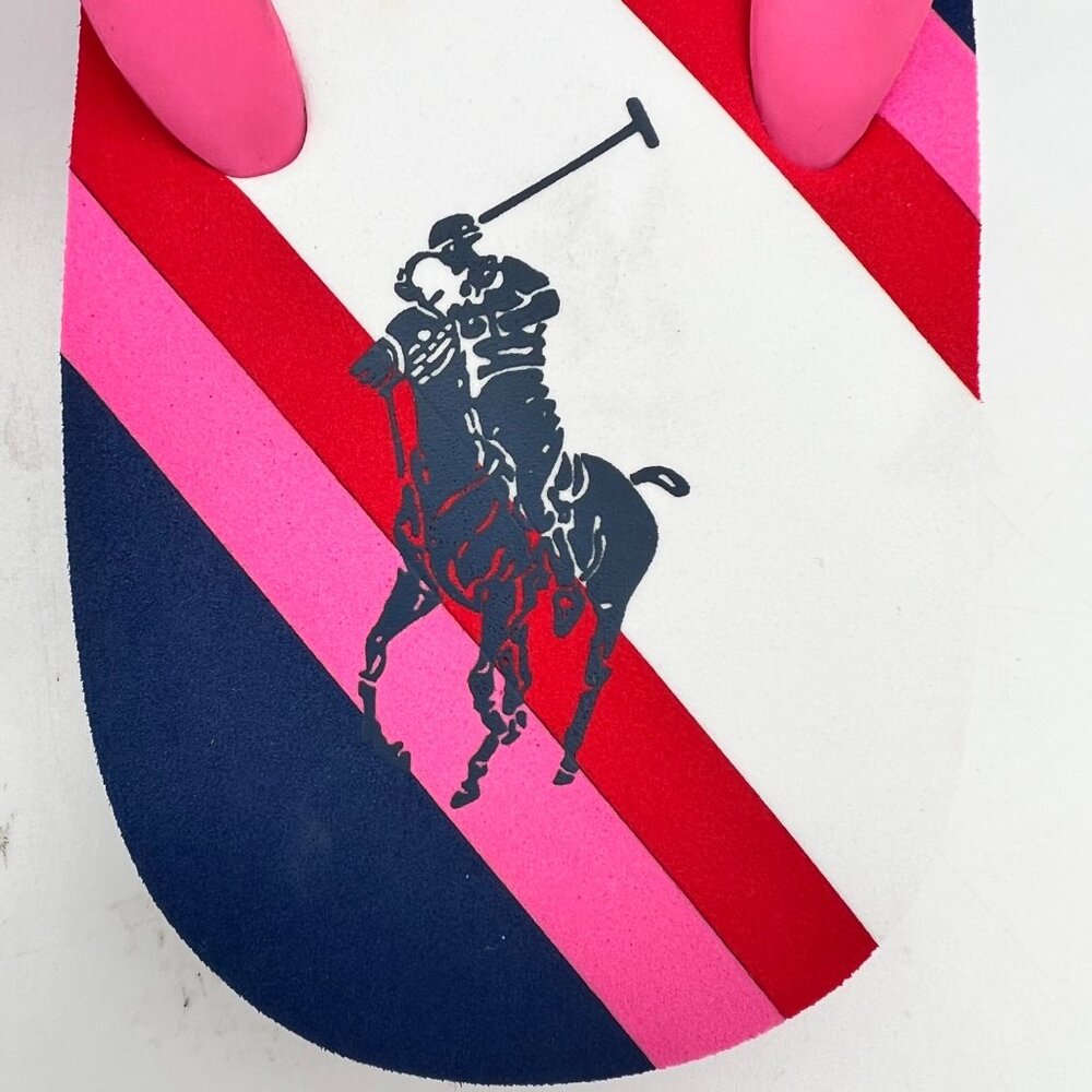 Polo Ralph Lauren Womens Size 5 Navy & Pink Striped Flip Flops Pony & 3 Logo New - Picture 2 of 15